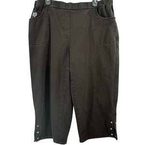 Quacker Factory DreamJeannes Brown Capri Pants Rhinestone Heart 1X Pull On Knit